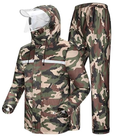 Duohropke Tuta antipioggia da donna e uomo, riflettente, impermeabile, impermeabile, antivento, giacca impermeabile, 2 pezzi, con cappuccio, per moto, golf, pesca, mimetico, XL