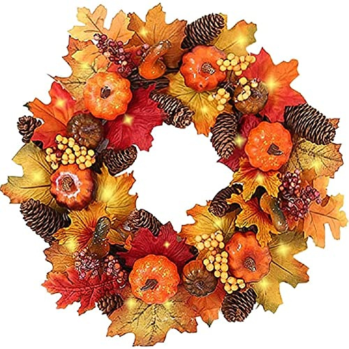 40cm Autumn Wreaths with LED Light,Fall Maple Leaf Pumpkin Berry Garland,Artificial Flower Wreath,Front Door for Thanksgiving Halloween Christmas Wedding Home Decoration (with light)