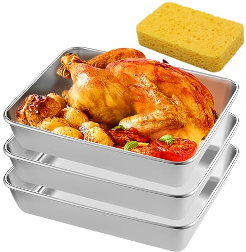 3 Pack Deep Baking Sheet Pan, Stainless Steel Baking Trays (25x20x5 cm), Rectangle Cake Tins for Baking Tray Bake Sheet Pans for Brownie Cake Lasagna, Non-Toxic, Durable & Dishwasher Safe