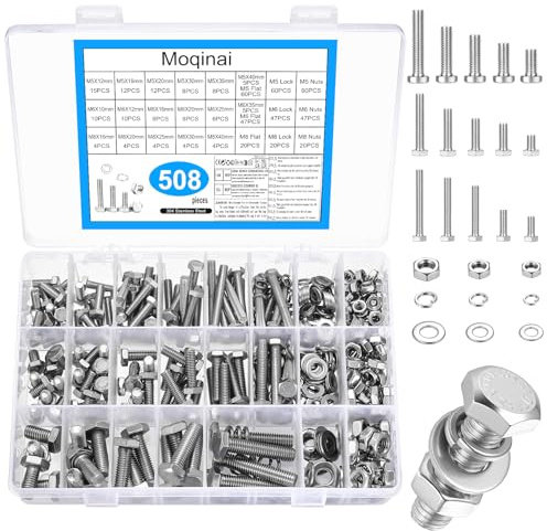508 Pcs Stainless Steel Hex Bolts and Nuts Set, Metric Machine Screws Assortment with Washers, M5 M6 M8 Hex Head Bolts and Nuts Kit for Machinery, Furniture, Auto Repair and DIY Projects