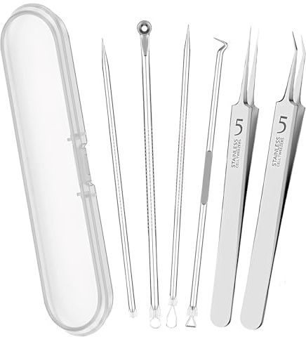 6 Stück Pickel Ausdrücken Werkzeug-Set, Professionelles Mitesserentferner aus Edelstahl mit box, Mitesser Entferner Extraktor Tools für Akne, Whiteheads, Hautunreinheiten im Gesicht,auf der Nase