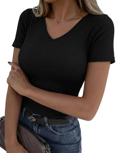 Totatuit T Shirt Col V Manches Courtes Haut Côtelé Coupe Ajustée Extensible | Été, Tenue Décontractée, Style Élégant, Tenue Quotidienne, Facile à Associer
