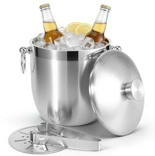 Kinberry Stainless Steel Ice Bucket, 3L Double Wall Insulated Ice Bucket with Lid and Tongs, Keeps Ice Cold Longer, for Wine, Champagne & Cocktails, Parties & Drinks
