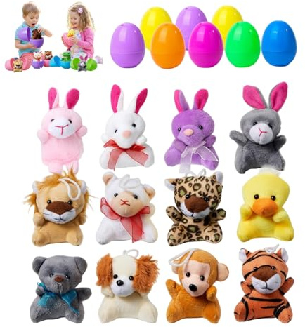 Ameble 12 pezzi riempitivi per uova di Pasqua, uova di Pasqua ripiene di plastica con animali di peluche a sorpresa per bambini, riempitivi per cestini, bomboniere e per natalizie, , rie