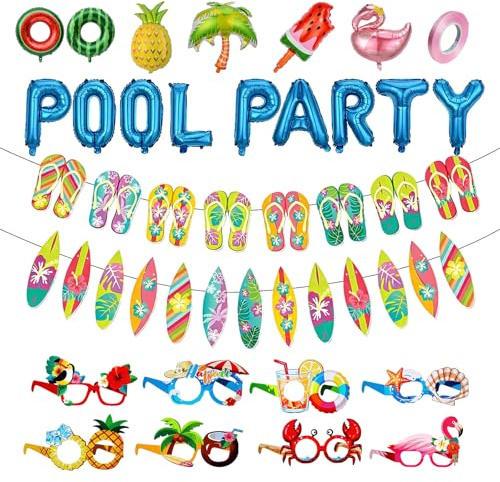 Poolparty Sommerparty Deko Set,Sommer Party Deko Mit Papier Witzige Sonnenbrillen Partybrille,Flamingo Folienballon,Banner,Poolparty Zubehör Für Beach Partydeko Sommerfest