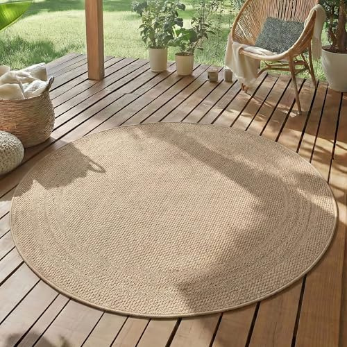 SIMPEX Outdoor Teppich Rund 200 cm Beige Wetterfest UV-beständig Pflegeleicht Einfarbig mit Bordüre für Garten Terrasse Wohnzimmer Esszimmer