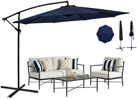 YU YUSING Parasol Déporté Inclinable 3x3M avec Manivelle, Housse et Base Croisée, Anti-UV UPF50+, Grand Parasol de Jardin Balcon Terrasse Extérieur, Imperméable, 8 Armatures Ultra-Résistantes, Bleu