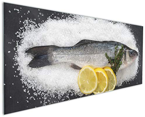Wallario Küchenrückwand aus Glas 125 x 50 cm, Motiv: Fischmenü - Frischer Fisch auf Salz mit Zitronen | Spritzschutz abwischbar & pflegeleicht