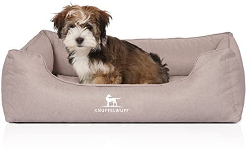 Knuffelwuff Orthopädisches Hundebett Luisa aus Velours mit feinem Handwebcharakter Sunshine Edition M-L 85 x 63cm Beige - abnehmbarer Bezug - waschbar - für große, mittelgroße und kleine Hunde