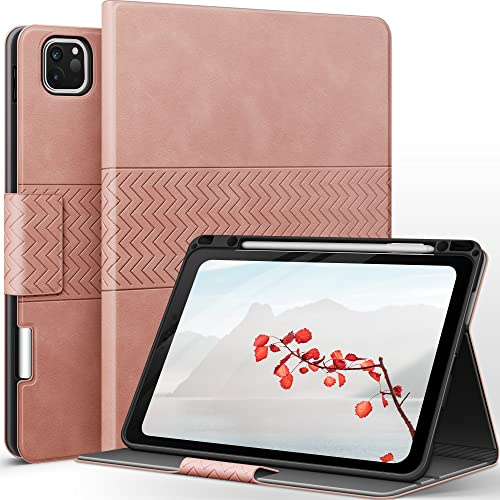 AUAUA Hülle für iPad Pro 12.9 Zoll 2022/2021/2020/2018 (6./5./4./3. Generation) mit Stifthalter, Auto Schlaf/Aufwach, PU Leder Folio Cover (Rosa)