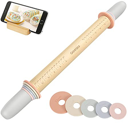 Geesta Adjustable Wood Rolling Pin with 5 Thickness Rings, Precise Dough Roller Handle Press Design with Measurement Guide for Fondant, Pizza, Pie Crust, Cookie, Pastry Baking Decorating Accessories