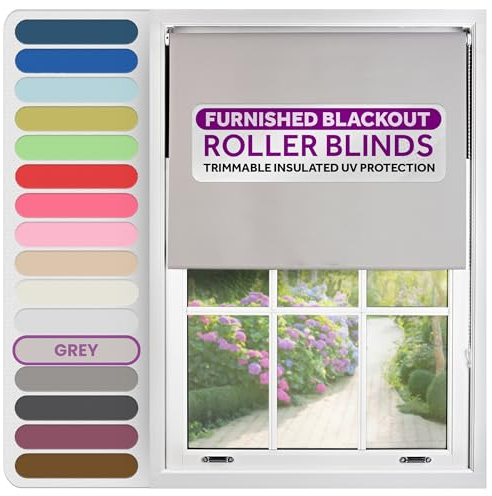 FURNISHED Roller Blinds Thermal Blackout Roller Blind - Trimmable Insulated UV Protection Child Safe Easy Fit Home Office Window Blinds, Grey, 115 cm Wide x 165 cm Long