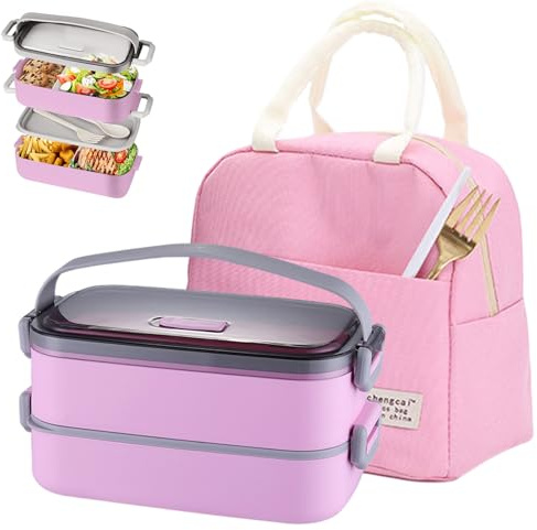 Haoh Bento Lunch Box Kit, 1600ml 2 Etages Boite Repas avec Sac Isotherme Repas, Hermétique Boîtes Bento pour Pique Nique, Travail, Goûter, Ecole, Boîte à Lunch Micro Ondable(Rose)