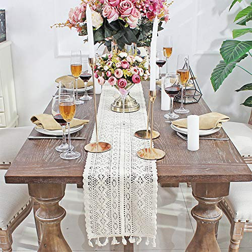 DÉCOCO 9,5x 118 Beige Makramee Tischläufer rechteckige Häkelspitze Elegante Hohle Mesh Tischdecke für rustikale Boho Hochzeit Dekor Braut & Baby Dusche Dekoration Vintage Bauernhaus Tabletop Dekor