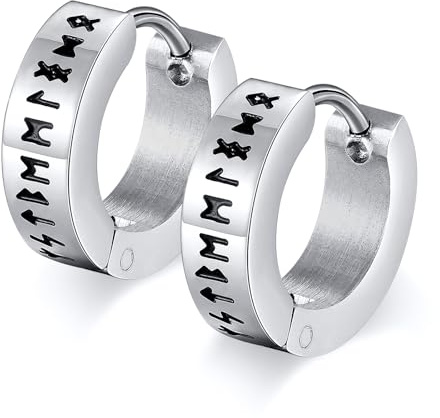 Ohrringe Herren Schwarz Edelstahl, Wikinger Runen Ohrringe Männer | Nordischer Wikinger Schmuck Creolen Stil Piercing Hoop Ohrschmuck Geschenke, Earrings for Men, Schwarze / Silber,1 Paar