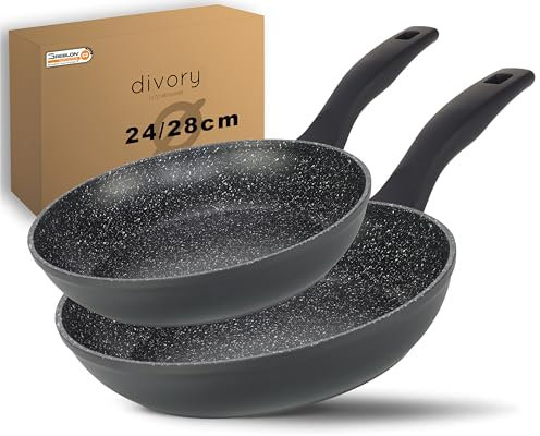 DIVORY Pfannenset 2-teilig Pfanne 24cm, 28cm Induktion – Antihaft Beschichtete große Universalpfanne für alle Herdarten - Sichere Griffe, Spülmaschinen geeignet (Griff: Schwarz)
