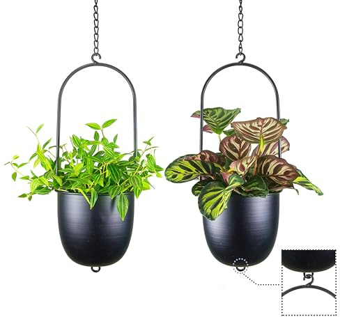 HemePaha Stapelbare Metall-Pflanzgefäße zum Aufhängen, Set mit 2 schwarzen ovalen Pflanzenaufhängern mit 15,2 cm Blumentöpfen, moderne Wand- und Deckenpflanzenhalter für Innen- und Außenpflanzen