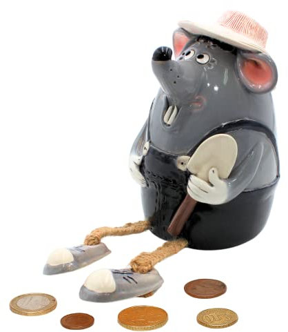 Keramik Sparbüchse/Spardose/Moneybox als Maus mit Spaten/Gärtner, handgefertigt, ca. 17 cm groß, Kantenhocker