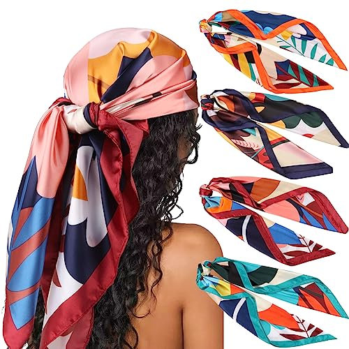 DRESHOW 4 Pack Pañuelos Satén Cuadrados Grandes Pelo Accesorios Seda de Playa Estampado Clásico para Mujer
