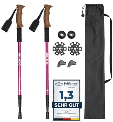 JELEX Nature Teleskop promenadkäppar för Nordic Walking justerbar, inklusive olika tillbehör för utomhusaktiviteter, ultralätta vandringspinnar med anti-shock-teknik (rosa premium)