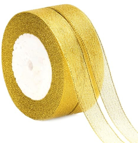 KINGLAKE Geschenkband Gold 44M, Goldenes Band, Organzaband, Weihnachtenband Organza, Schleifenband 2cm, Dekobänd, Satinband für Geschenk, Weihnachten und Hochzeits