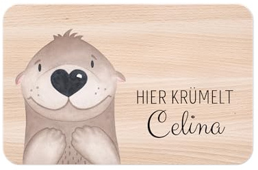 wunderwunsch - Individuelles Holzbrett mit Hochwertigem UV-Druck für Kinder - Personalisiertes Frühstücksbrettchen - Niedliche Motiv-Brettchen mit Namen (Otter links unten)