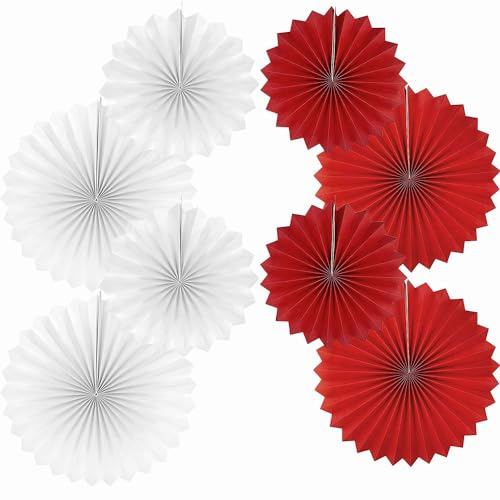 Fächer Deko, Weiß Rot 40.6CM(16in) und 30.4CM(12in) Hängende Papier Fächer, Party Fans Dekorkit 8er Set