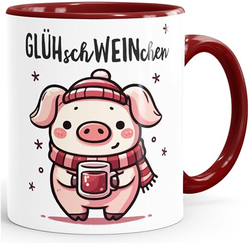 MoonWorks Tasse Glühwein Motiv Glüh-Schweinchen Wortspiel Emaillebecher lustig kleines Geschenk Weihnachten Weiss-innen-bordeauxrot standard