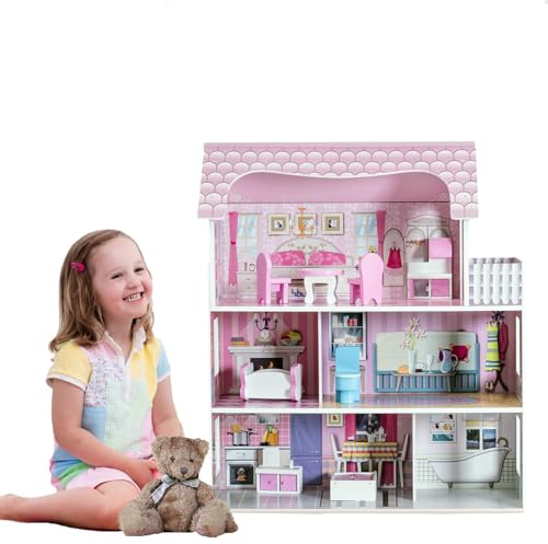 HOMASIS Puppenhaus inkl. Möbeln & Zubehör, Rosa Puppenstube Holz, Puppenvilla mit 3 Etagen & 5 Zimmer, Geschenk für Mädchen, Dollhouse Traumvilla für Kinder ab 3 Jahren, Puppenhaus-Spielset