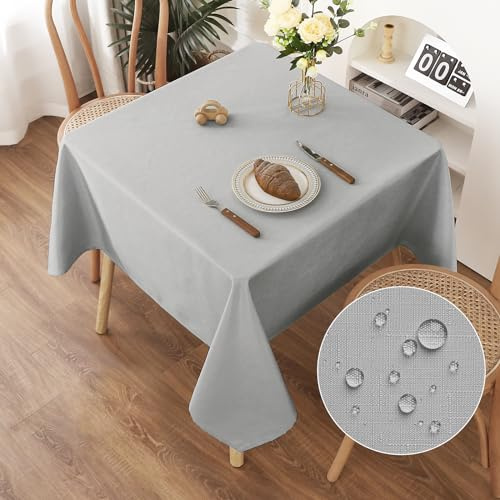 AooHome Tischdecke Abwaschbar, Hellgrau Tischdecken 120x120cm Leinen-Optik Tischtuch aus Polyester Wasserabweisend mit Lotuseffekt, Dauerhaft Kratzfest für Wohnzimmer, Esszimmer, Balkon, Garten