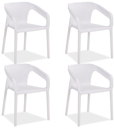 Homestyle4u Gartenstuhl Stapelbar Kunststoff Weiß 4er Set mit Armlehnen Wetterfest Gartenmöbel Stühle Modern
