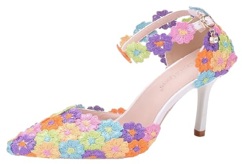 Jamron Donna Elegante Tacco a Spillo Décolleté a Punta con Cinturino alla Caviglia Pizzo Perle Scarpe da Sposa Colorato SN0703212-1 EU38.5