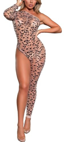 NewBull Body Bas Bodys Lingerie pour Femme Bodystocking Fantaisie Imprimé Léopard Combinaison Résille Moulante à une épaule et une jambe Combinaisons Complètes Catsuit pour Une Soirée Cosplay