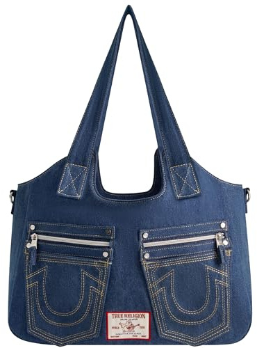 True Religion Damen Women's Satchel Bag, Denim Crossbody Purse Handbag with Adjustable Removable Shoulder Strap Ranzen, Blau