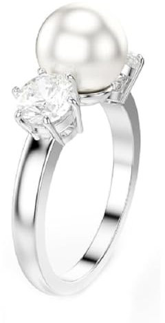 Swarovski Matrix Cocktailring, Weißer, Rhodinierter Ring mit Kristallperle und Strahlenden Kristallen im Rundschliff