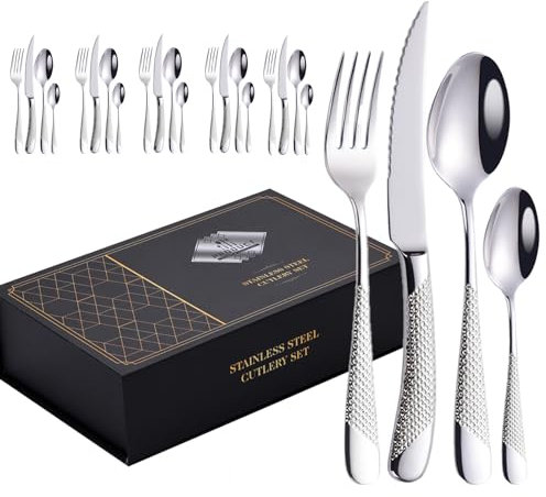 Couverts Ménagères Ensemble De 4 Acier Inoxydable Élégant Sain Durable, Comprend Une Cuillère À Fourchette À Couteau Pour Maison, Hôtel, Restaurant, Nouvelle Maison (Argent,24pcs)