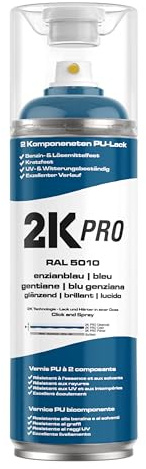 2K PRO 2K Spraydose 400ml - 2 Komponenten Sprühlack, Schnelltrocknender Spritzlack, UV-Beständig, Stoss- und Kratzfest | RAL5010 - Enzianblau Glanz
