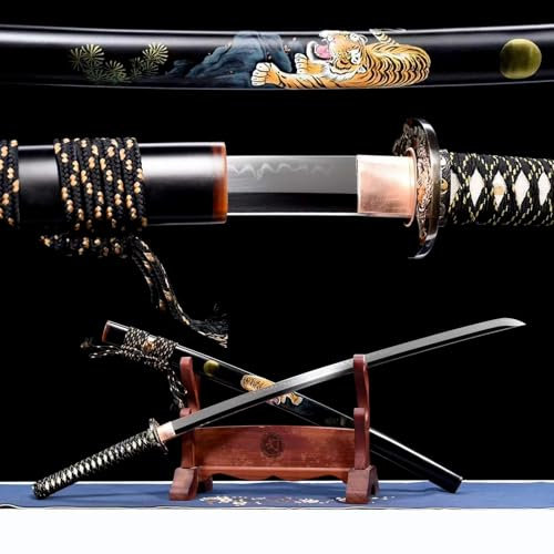 Katana mit T10-Stahl klinge,Handschutz aus reinem Kupfer vergoldet und versilbert,Scheide aus Massivholz mit Hörner dekoration,echtes Katana-Schwert zum Sammeln,Schenken,Kampfsport,Ausstellen,Fitness