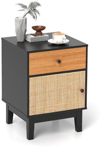 COSTWAY Table de Chevet Bois, Table de Nuit Rotin avec Tiroir, Petite Armoire à Porte Cannage, Chevet de Lit Bohème, Pieds en Bois Massif pour Salon, Chambre, Noir (1)