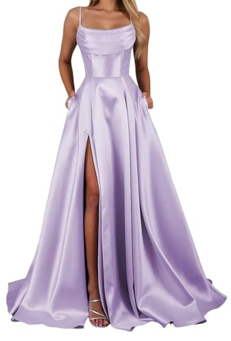 YIANN Lilac Prom Dresses for Women Spaghetti Strap Satin Formal Wedding Guest Dress Long Ball Gown UK10
