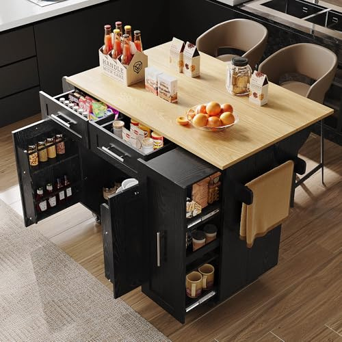 DRIXNO Kücheninsel, Küchenschrank, Buffetschrank, Speisewagen mit Holzmaserung, Esstisch mit Speicherraum, mit Snackregalen und Stretchfunktionsschränken, Schwarz