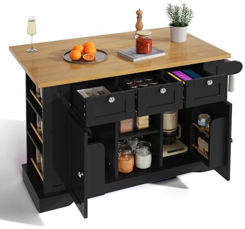 Isola da cucina su ruote e piano di lavoro estraibile, carrello da cucina, mobile buffet, con 3 cassetti, portaspezie, mensole da porta, portasciugamani, presa, per sala da pranzo e cucina, nero