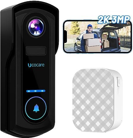 UCOCARE Video Doorbell Wireless with Chime, 2K 3MP WiFi Doorbell Camera Wireless, PIR Motion Detection, Camera Doorbell 10000mAh Battery, Night Vision, 2-Way Talk, IP67 Weatherproof SD & Cloud Storage