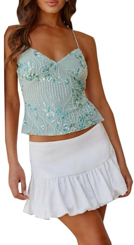Edhomenn Women Y2K Sequin Cami Top V Neck Criss Cross Straps Tank Cute Sparkle Backless Crop Tops Sexy Sleeveless Spaghetti Strap Tops (Green, S)
