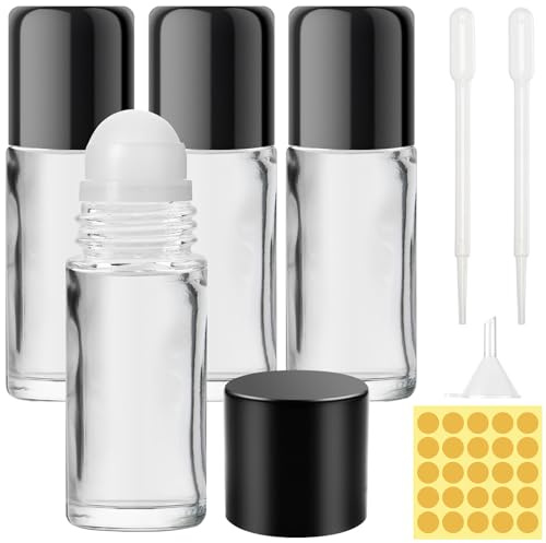 Furuising 4 Piezas 50ml Botellas Roll On Cristal para Aceites Esenciales, Rellenable bote roll on, Botellas de Rodillos, Frascos Roll On de Vidrio Con cuentagotas y adhesivo para Perfume, Aromaterapia