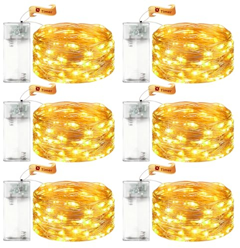 VIKY® 6 Stk LED Lichterkette Batterie mit Timer, 3M 30 LED Micro Kupferdraht Lichterkette Innen Batteriebetrieben, Warmweiß lichterkette mit Timer für Hochzeit, Silvester, Weihnachten Innen Dekoration