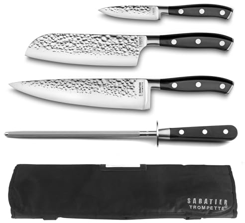 SABATIER TROMPETTE Trousse souple avec couteaux et fusil à aiguiser, Noir | Trousse souple avec couteaux de cuisine et fusil à aiguiser, Acier 5Cr15MoV, Finition Satinée, 43.5 x 49.3 cm, Noir