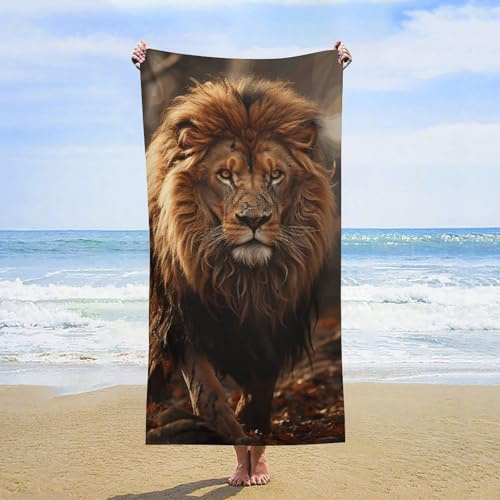 QMNBTES Toallas de playa de gran tamaño de 63 x 31.5 pulgadas, toallas de baño con imagen de león, sin arena, toalla de piscina súper absorbente, toalla turca de viaje para adultos, toalla de baño
