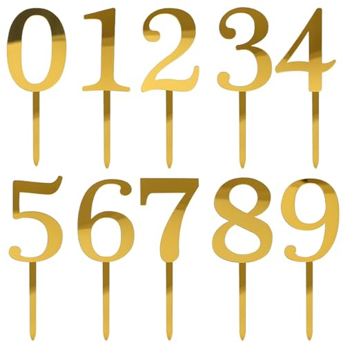 JUGUTA Kuchen Deko Geburtstag, 10 Stück Acryl Happy Birthday Cake Topper (0-9), Gold, Wiederverwendbar, Eignung für Viele Anlässe, Geeignete Größe
