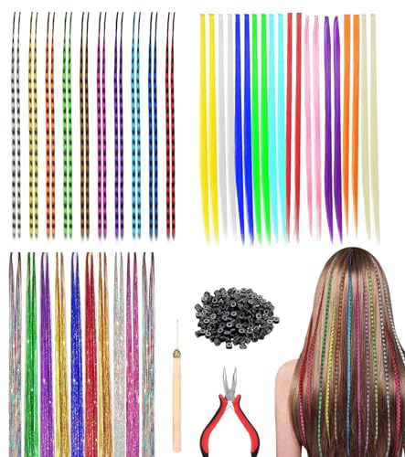 Takone, 60 ciocche colorate per capelli con pinze e perline, extension per capelli sintetici, per bambini e donne, ideali per feste, festival e cosplay